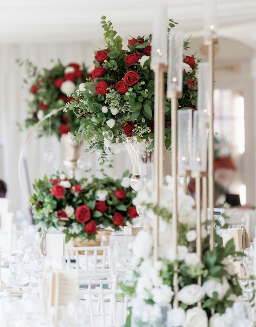 Luxury Wedding Centrepiece, Staggered Candles, Red Bouquet, Greenery, wedding Candles